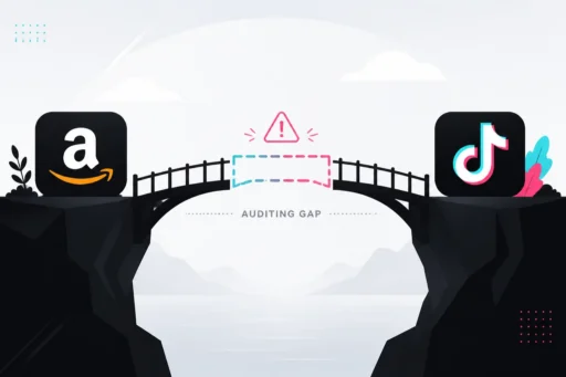 Stone bridge with a missing span labeled Auditing Gap between the Amazon and TikTok app icons