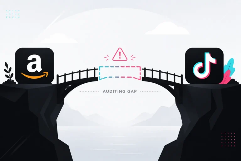 Stone bridge with a missing span labeled Auditing Gap between the Amazon and TikTok app icons