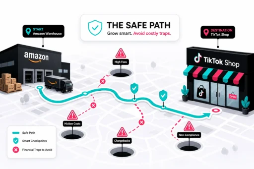 Map routing from an Amazon warehouse to a TikTok Shop storefront around pitfalls for high fees, hidden costs and chargebacks