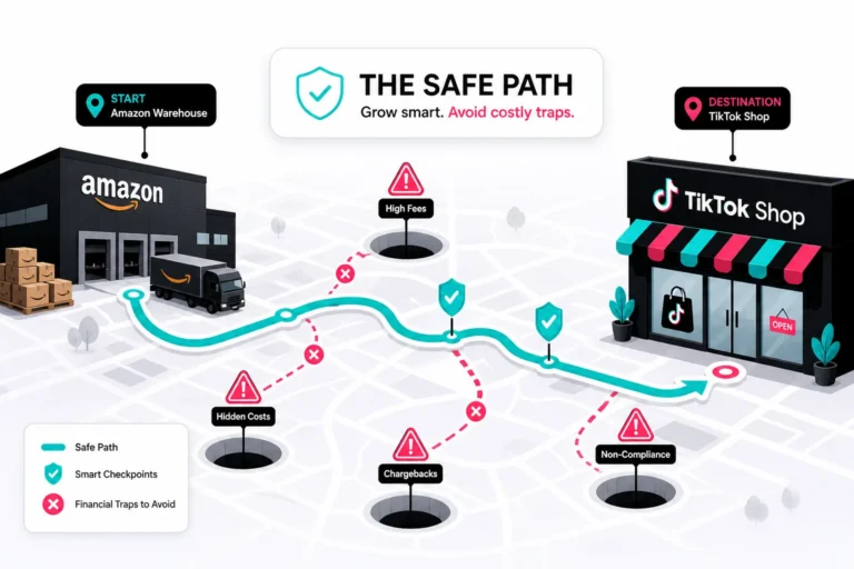 Map routing from an Amazon warehouse to a TikTok Shop storefront around pitfalls for high fees, hidden costs and chargebacks