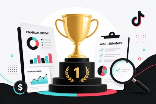 Gold first-place trophy beside a financial report and audit summary, ranking TikTok Shop reimbursement services