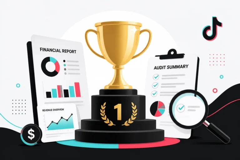 Gold first-place trophy beside a financial report and audit summary, ranking TikTok Shop reimbursement services