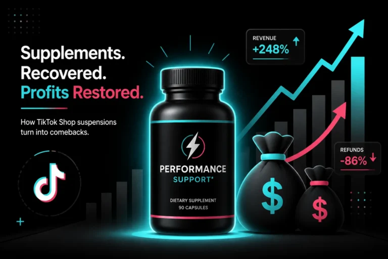 Supplement bottle beside a rising chart showing 248 percent revenue growth and refunds down 86 percent