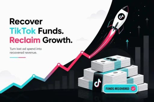 Rocket and rising chart above stacks of cash with a Funds Recovered badge, showing money clawed back from TikTok Shop