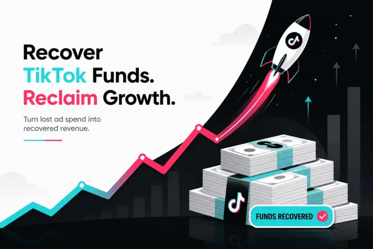 Rocket and rising chart above stacks of cash with a Funds Recovered badge, showing money clawed back from TikTok Shop