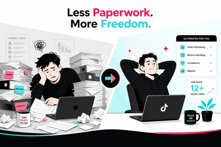 A seller buried in paperwork beside a relaxed seller with automated tasks, saving 12 or more hours a week