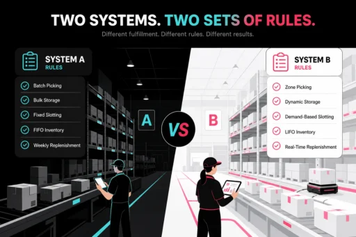 Split warehouse scene comparing System A and System B fulfillment rules side by side