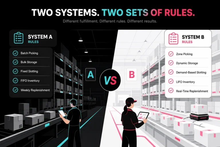 Split warehouse scene comparing System A and System B fulfillment rules side by side