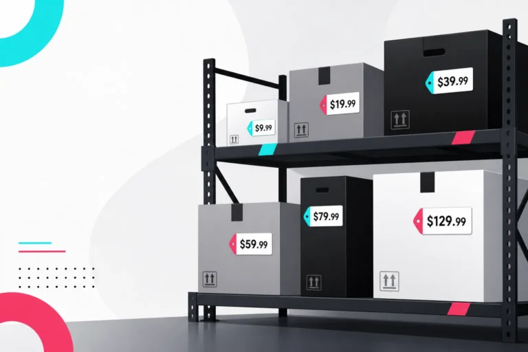Warehouse shelving of storage boxes tagged with prices from $9.99 to $129.99, illustrating FBT fee tiers