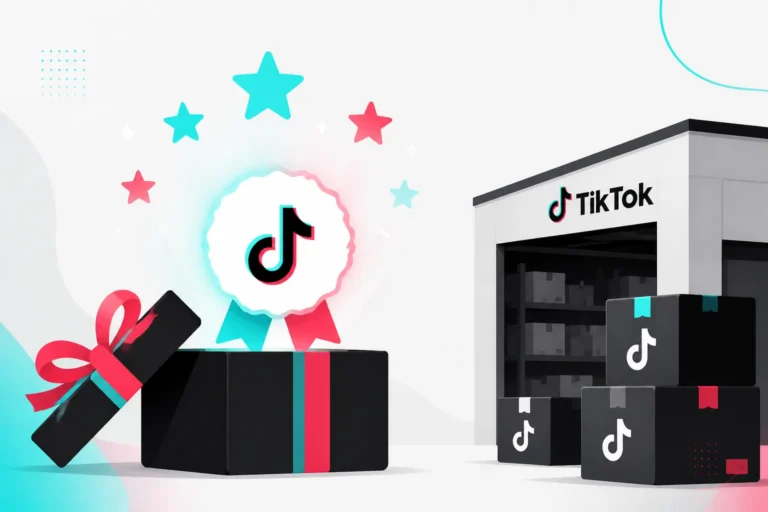 Opened gift box with a TikTok award rosette next to a TikTok warehouse and branded boxes, representing FBT incentives