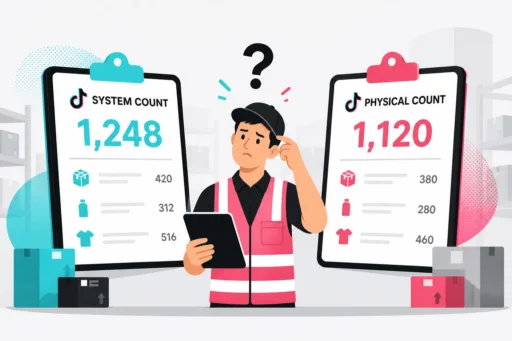 Warehouse worker between clipboards showing a system count of 1,248 against a physical count of 1,120