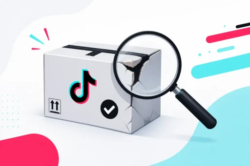 Magnifying glass held over a cracked TikTok-branded shipping box, illustrating inventory damaged in FBT