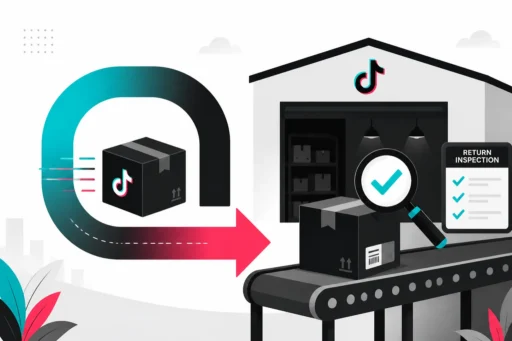 TikTok parcel looping back to a warehouse conveyor for a return inspection checklist