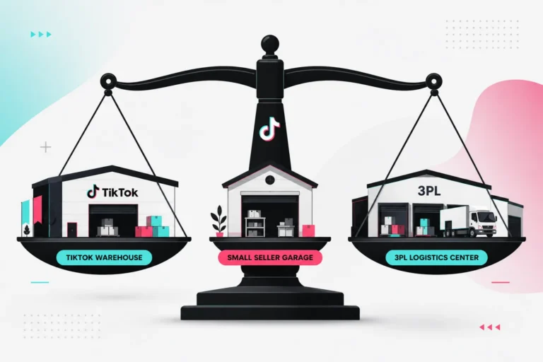 Balance scale weighing a TikTok warehouse, a small seller garage and a 3PL logistics center against each other