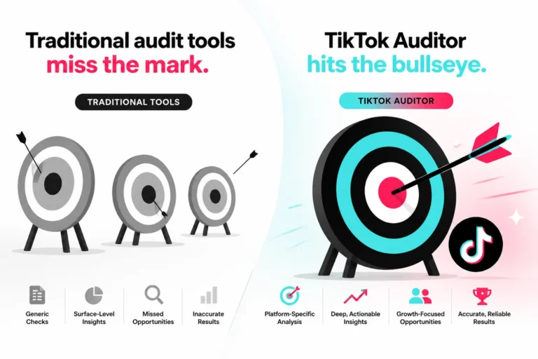 Arrows missing small targets labeled traditional audit tools beside an arrow hitting a TikTok auditor bullseye
