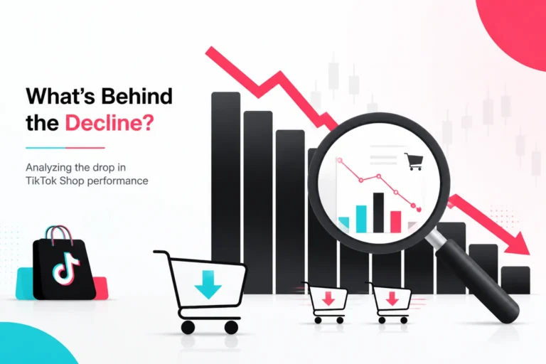 Descending bar chart with a red downward arrow and magnifying glass, analyzing a drop in TikTok Shop performance