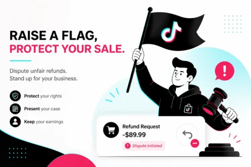 Seller raising a TikTok flag and holding a gavel beside an $89.99 refund request marked Dispute Initiated
