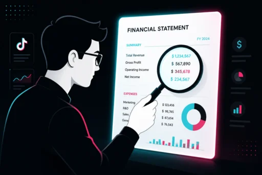 Seller using a magnifying glass to read a financial statement panel of revenue, profit and expense line items