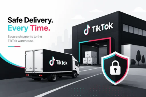 TikTok-branded box truck arriving at a TikTok warehouse dock beside a padlock shield for secure shipments