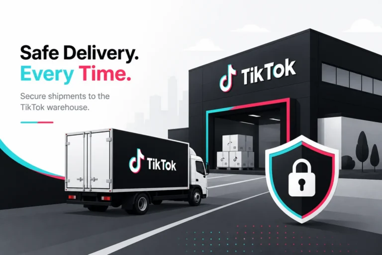 TikTok-branded box truck arriving at a TikTok warehouse dock beside a padlock shield for secure shipments
