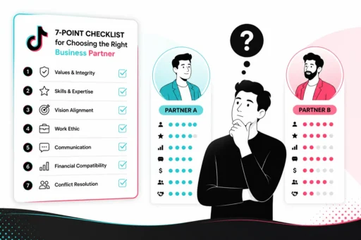 Seven-point partner checklist beside Partner A and Partner B scorecards as a seller weighs the choice