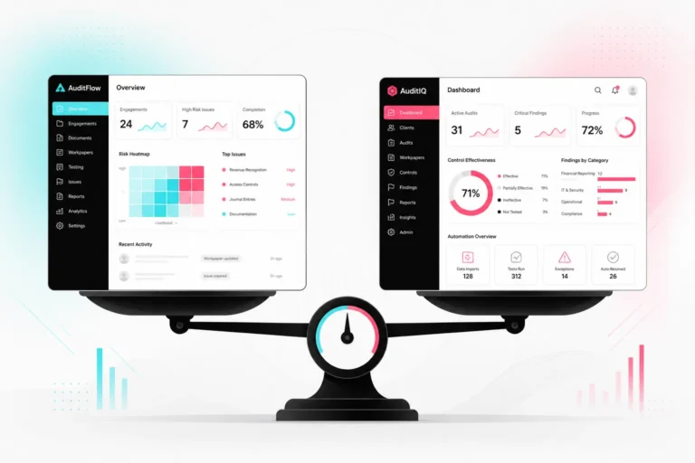 Balance scale weighing two TikTok Shop audit software dashboards against each other