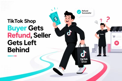 A TikTok Shop buyer walks away with cash and the product while a confused seller looks on from the storefront
