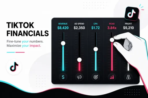 Hand adjusting mixing-board sliders labeled revenue, ad spend, CPA, ROAS and profit on a TikTok financials panel