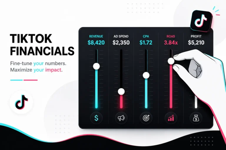 Hand adjusting mixing-board sliders labeled revenue, ad spend, CPA, ROAS and profit on a TikTok financials panel