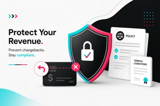 Padlock shield blocking a rejected card payment beside policy and terms documents, illustrating chargeback protection