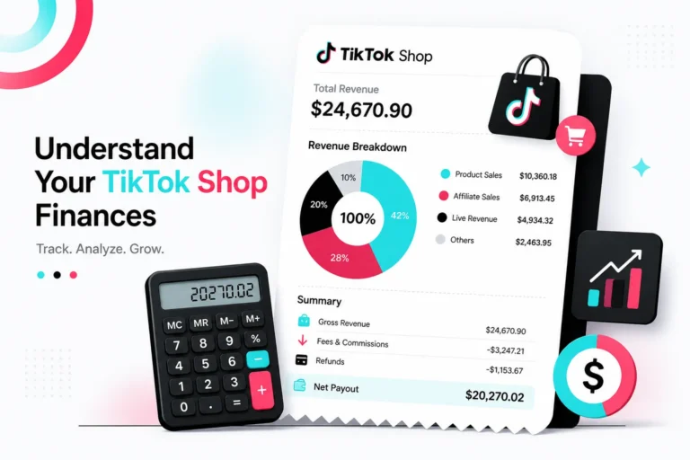 TikTok Shop revenue breakdown chart and receipt listing gross revenue, fees, refunds and a $20,270.02 net payout