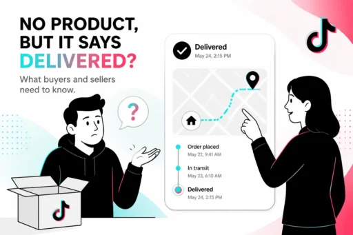 Buyer holding an empty box beside a tracking timeline marked Delivered, illustrating item not received claims