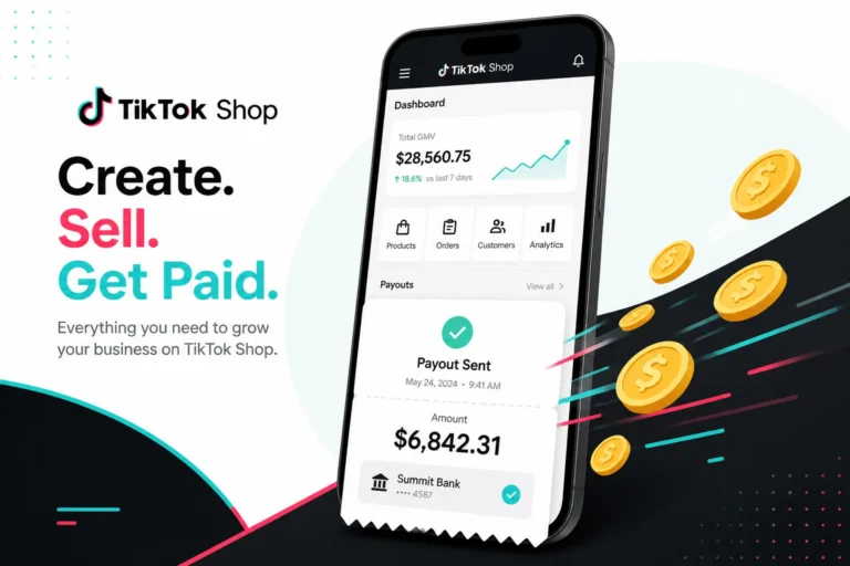 TikTok Shop app showing a $6,842.31 payout sent to a seller's bank account, with a GMV dashboard and gold coins
