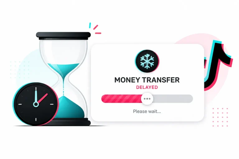 Hourglass and clock beside a Money Transfer Delayed notification with a stalled progress bar