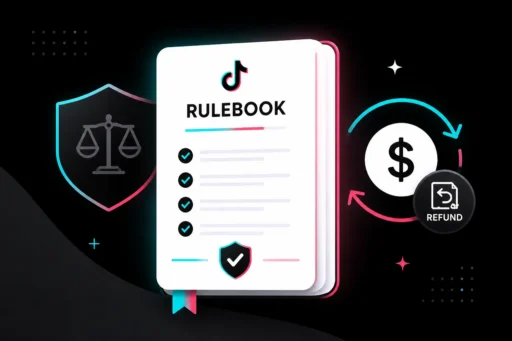 TikTok rulebook with checkmarks beside a justice shield and a dollar refund cycle, representing reimbursement policy