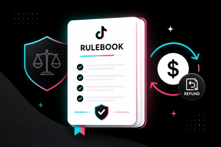 TikTok rulebook with checkmarks beside a justice shield and a dollar refund cycle, representing reimbursement policy