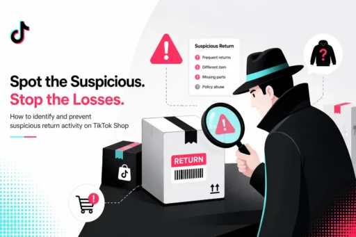 Detective inspecting a return-labeled box with a magnifier beside a suspicious return checklist