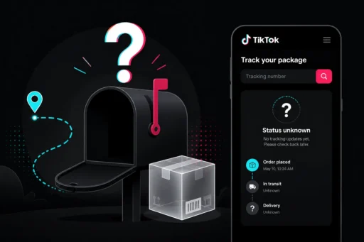 Empty mailbox and a translucent ghost parcel beside a TikTok tracking screen reading Status unknown