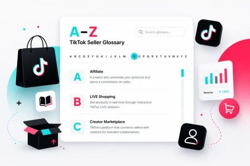 A to Z TikTok seller glossary panel listing Affiliate, LIVE Shopping and Creator Marketplace entries