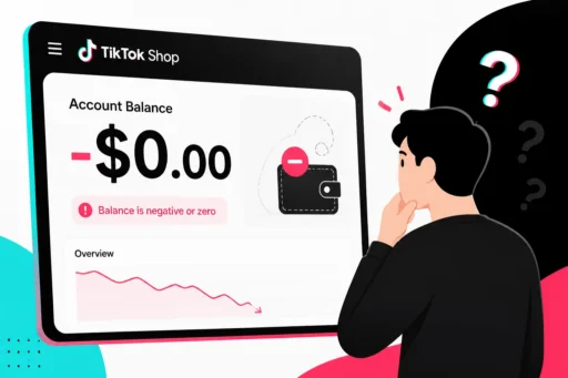 TikTok Shop account balance screen reading minus $0.00 with a negative balance warning and a puzzled seller