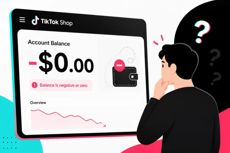 TikTok Shop account balance screen reading minus $0.00 with a negative balance warning and a puzzled seller