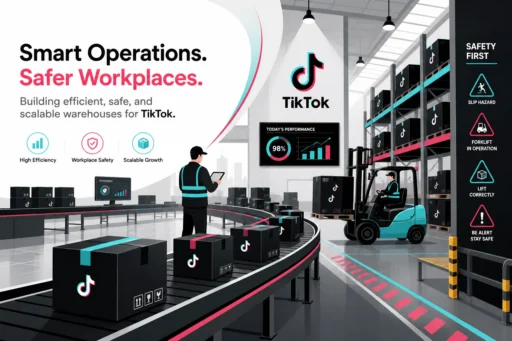 TikTok fulfillment warehouse with a conveyor of branded boxes, a forklift and a workplace safety panel