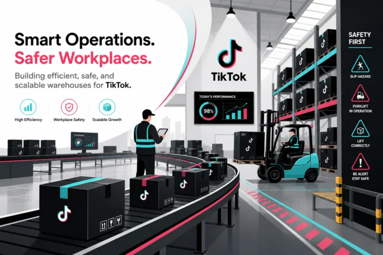 TikTok fulfillment warehouse with a conveyor of branded boxes, a forklift and a workplace safety panel
